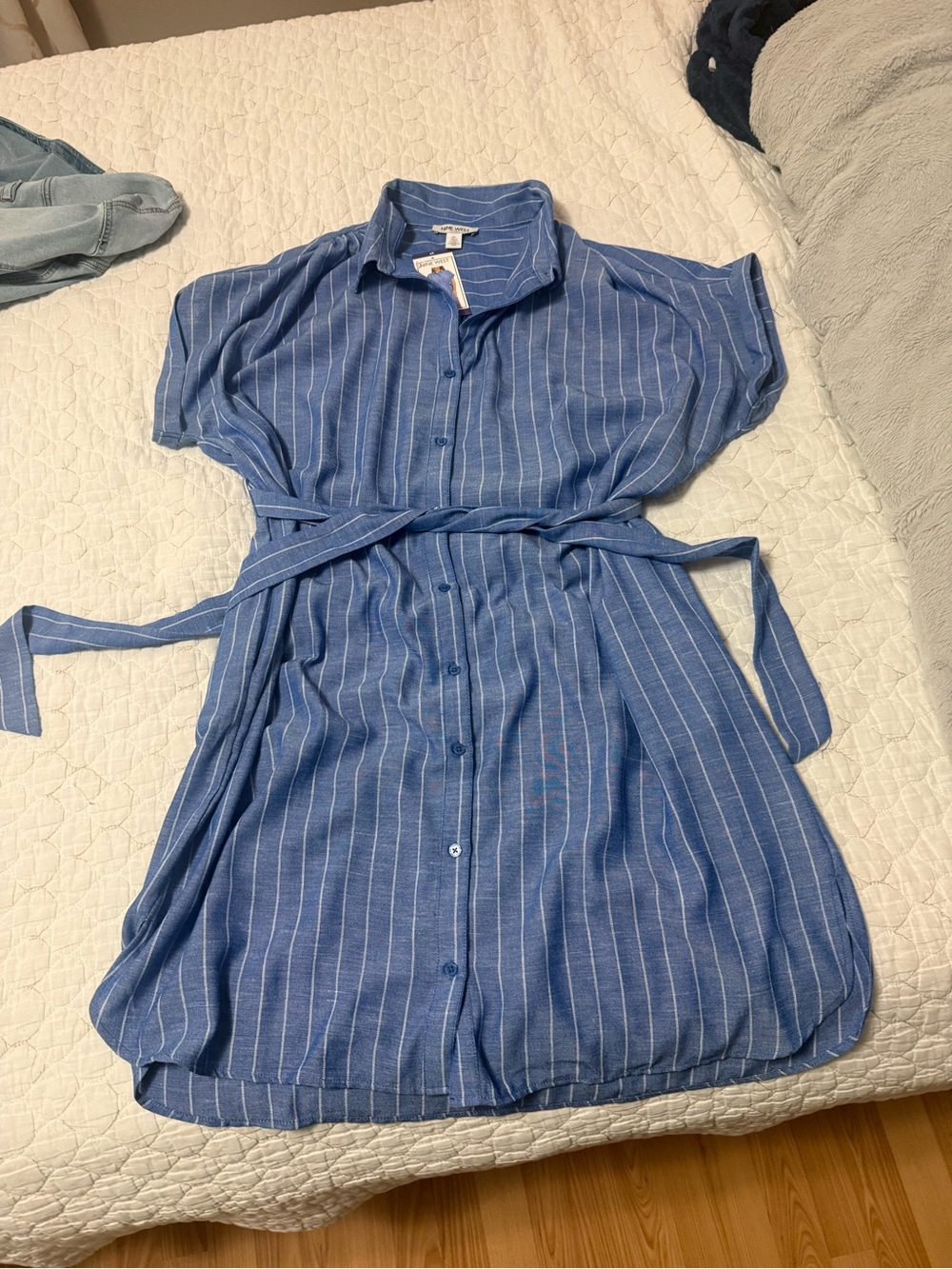 Striped Blue Shirt Dress with Waist Tie